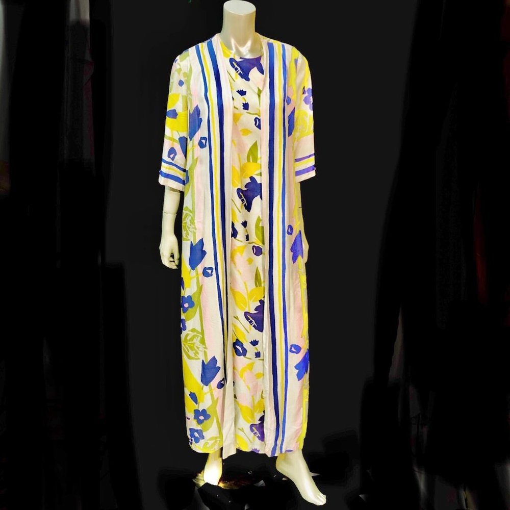 Floral Stripe Long Robe - Yellow & Blue
